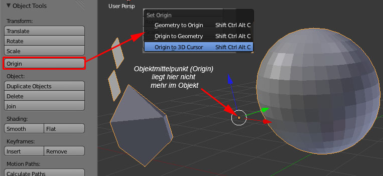 Optionen zum Bearbeiten des Objektmittelpunkts