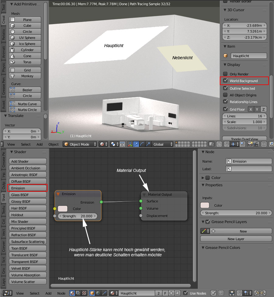 Haupt- und Nebenlicht mit Planes