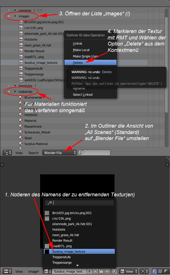Löschen von unnötigen Texturen und Materialien