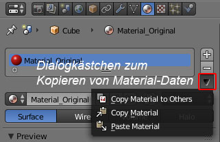 Dialogkästchen zum Kopieren von Material-Daten